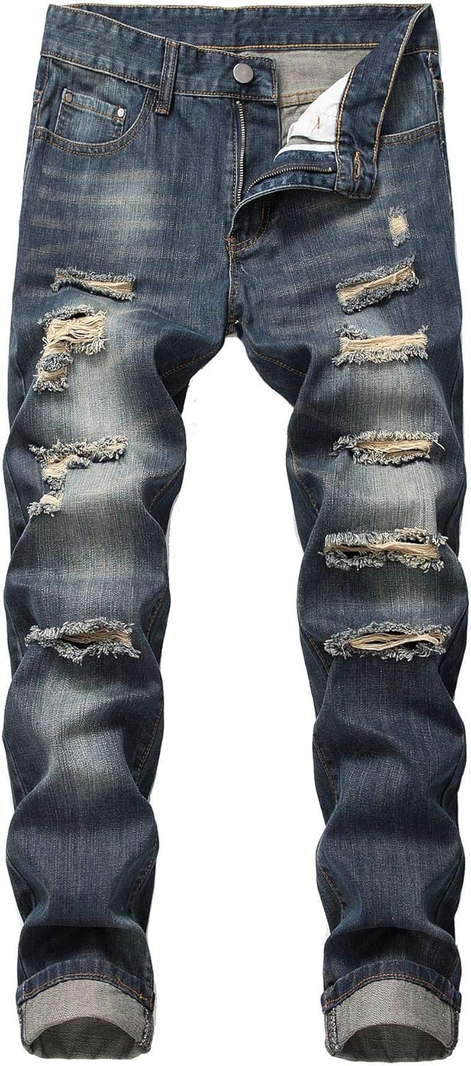Men's Blue Slim Fit Jeans Stretch Destroyed Ripped Skinny Jeans Side Striped Denim Pants(DB-36)