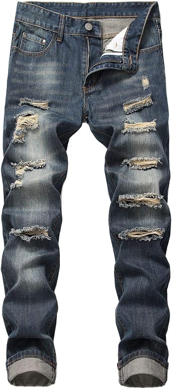 Mens Blue Slim Fit Jeans Stretch Destroyed Ripped Skinny Jeans Side Striped Denim PantsDB-40