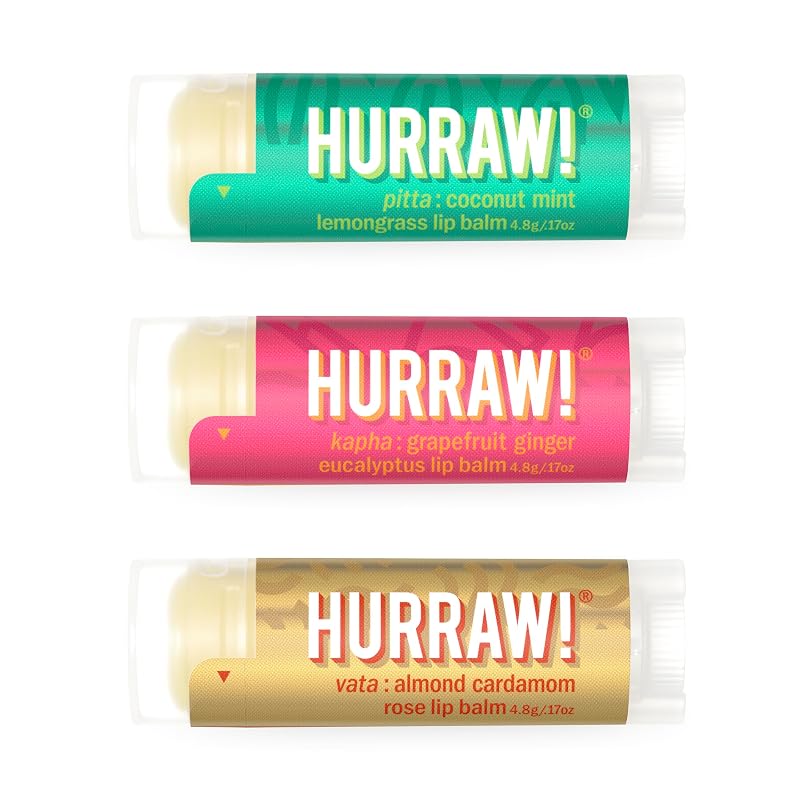HURRAW! Bálsamos labiais Pitta, Kapha e Vata, pacote com 3