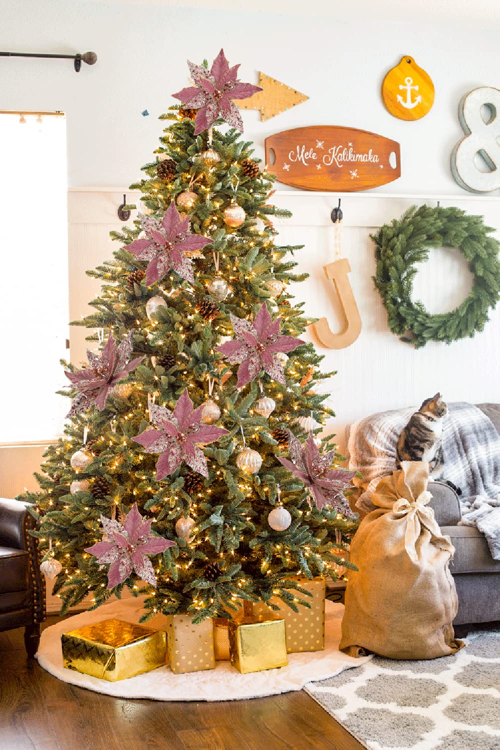 Oairse Lot De 2 Fleurs De Noël Artificielles - Décoration De Noël - Paillettes Pour Sapin De Noël - Fleurs Artificielles Pour Vacances, Table à Manger - Doré