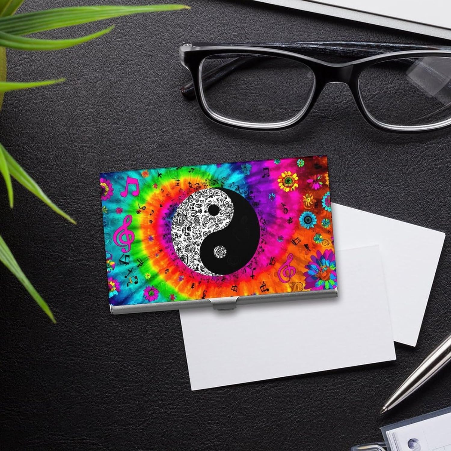 Peace Sign Tie Dye Flower Business Card Case Portable Slim Purse | Card Holder