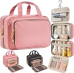 Sac de toilette de voyage pour les femmes – Organisateur de suspension étanche avec des compartiments multiples, convient aux articles de toilette et de maquillage de taille complète, Compact & Portable, essentiels de voyage (Moyen, rose)