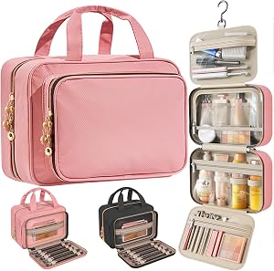 Travel Toiletry Bag for Women – Waterproof Hanging Organizer with Multiple Compartments, Fits Full-Size Toiletries and Makeup Accessories, Compact & Portable, Travel Essentials (Medium, Pink)