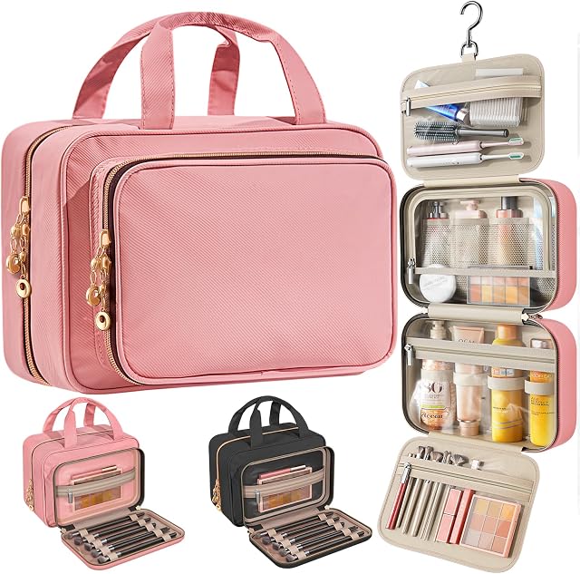 Sac de toilette de voyage pour les femmes – Organisateur de suspension étanche avec des compartiments multiples, convient aux articles de toilette et de maquillage de taille complète, Compact & Portable, essentiels de voyage (Moyen, rose)