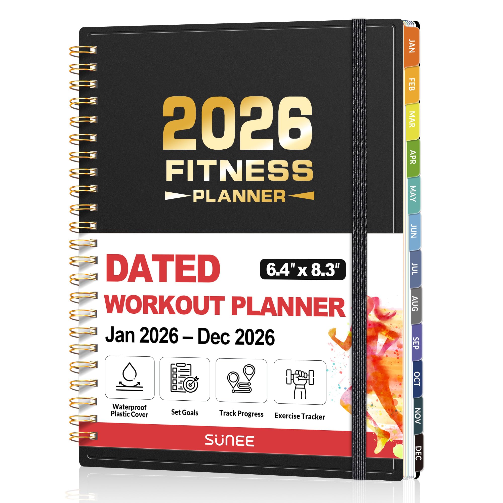 2025 Fitness Planner & Workout Journal, Fitness Journal Log Book from JAN 2025 - DEC 2025 for Men & Women, 6.4" x 8.3" Workout Planner for Goal Tracking,Training Progress with PVC Plastic Cover, Black
