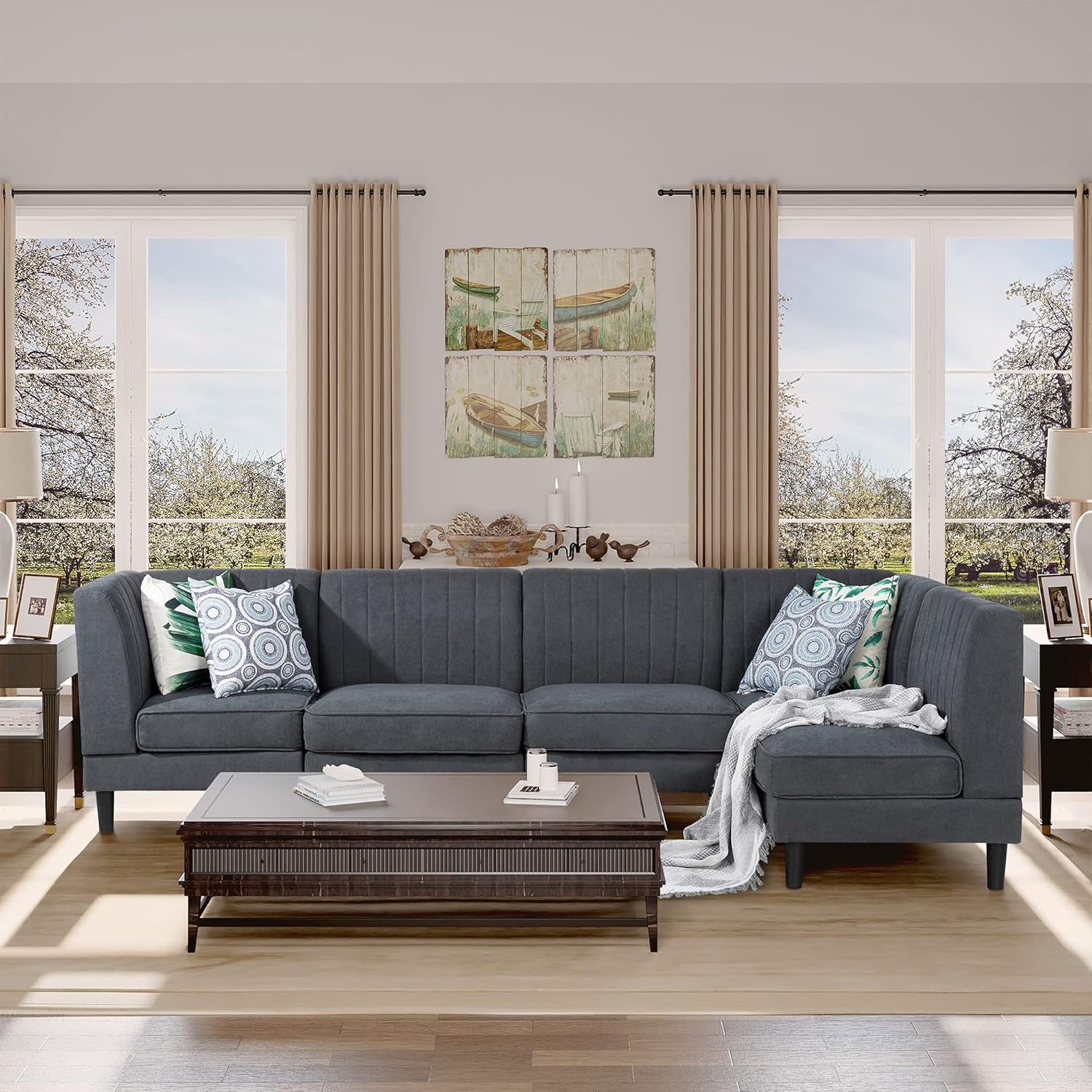 Modway Commix DownFilled Overstuffed Upholstered 5Piece Sectional Sofa Set in Light Beige