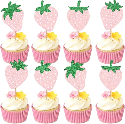 Miniatura 7 de Paquete de 24 adornos para cupcakes de fresa roja para fiesta temática de fresa, para cumpleaños, boda, fiesta, baby shower, verano, jardín, fiesta,