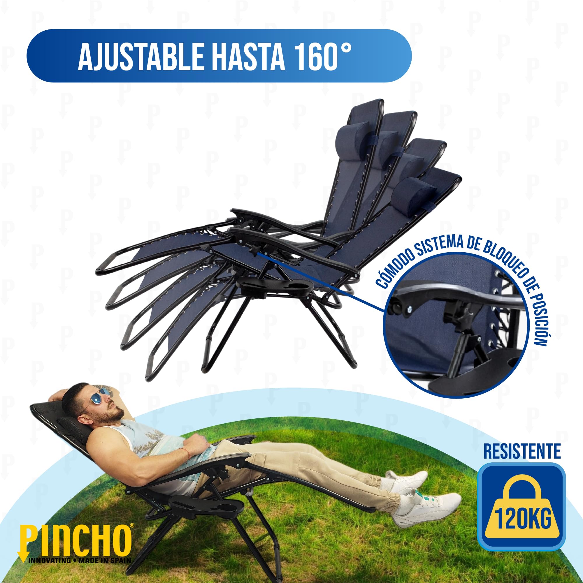 Pincho Tumbona Jardin Exterior Plegable de Gravedad Cero - Pack 2 Sillas Reclinables o Hamacas para Playa, Terraza y Camping con Portavasos, Ligeras y Cómodas (Marino)