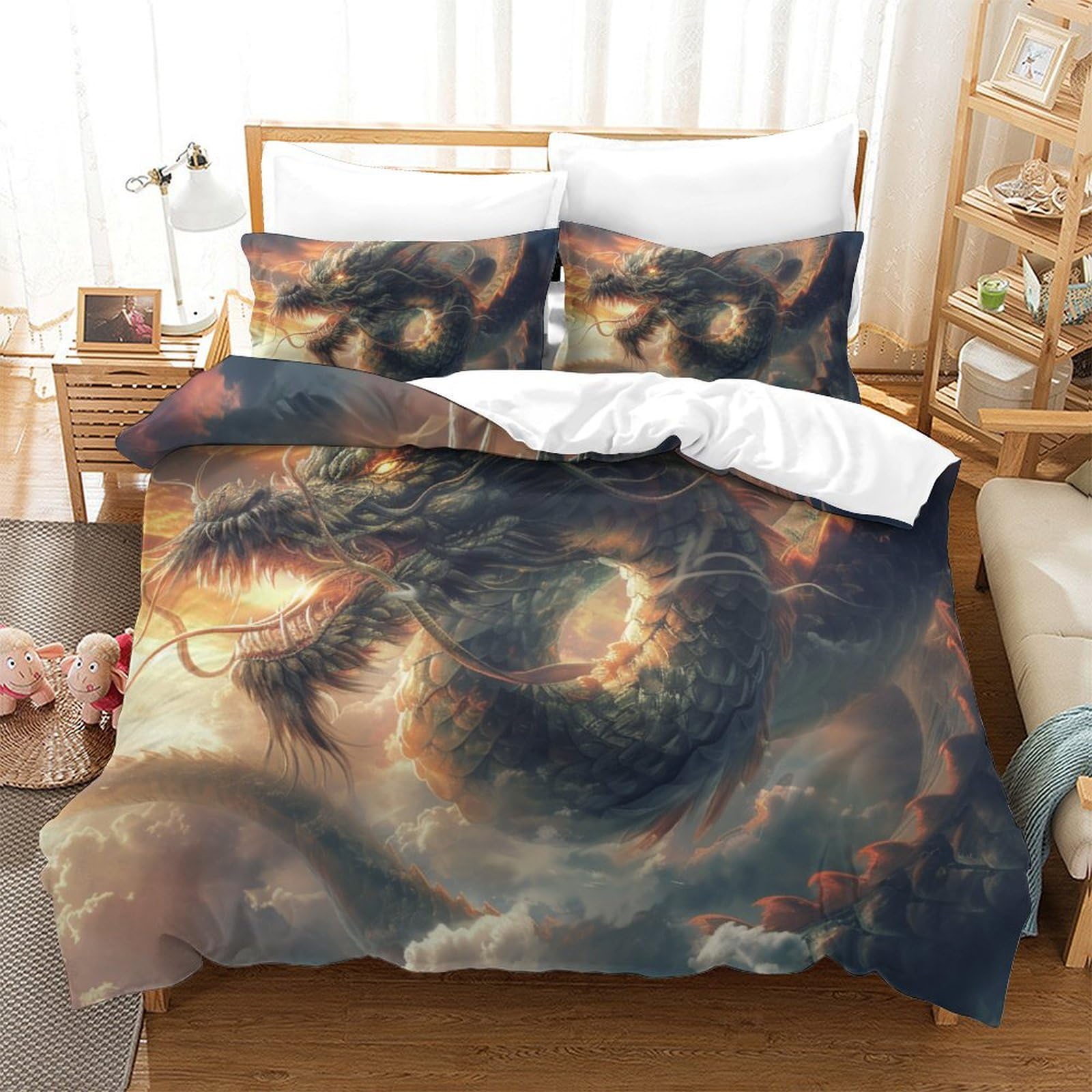 Housse de couette dragon 3D parure de lit douce 3 pièces super king 260x220cm
