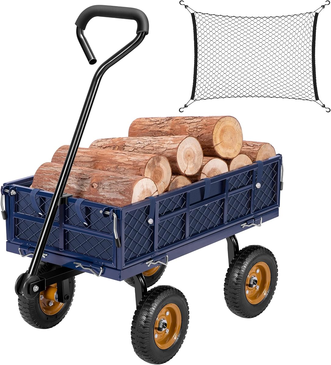 VIVOSUN Carro de jardín de acero resistente, capacidad de 400 libras, carro de jardín utilitario de acero con lados extraíbles, neumáticos de 8 pulgadas, forro, red de carga, azul