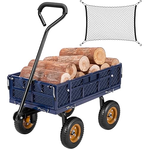 VIVOSUN Heavy-Duty Steel Garden Cart, 400-Pound Capacity, Steel Utility Garden Wagon with Removable Sides, 8" Pneumatic Tires, Liner, Cargo Net, Blue