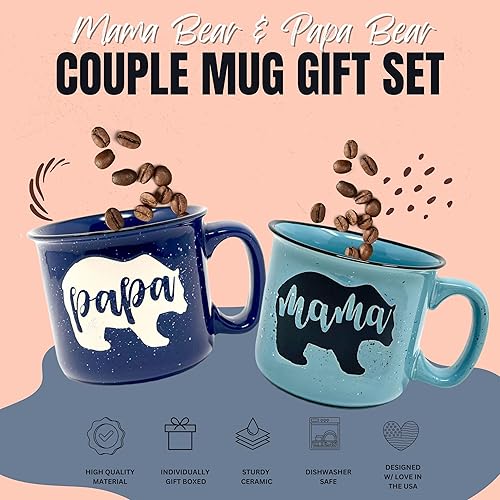 Vista 38 de Mama Bear & Papa Bear 15 oz Coffee Mug Set - Cute Coffee Cup Gift Set for Men and Women - Unique Fun Gifts for Couples, Parents, Grandparents for