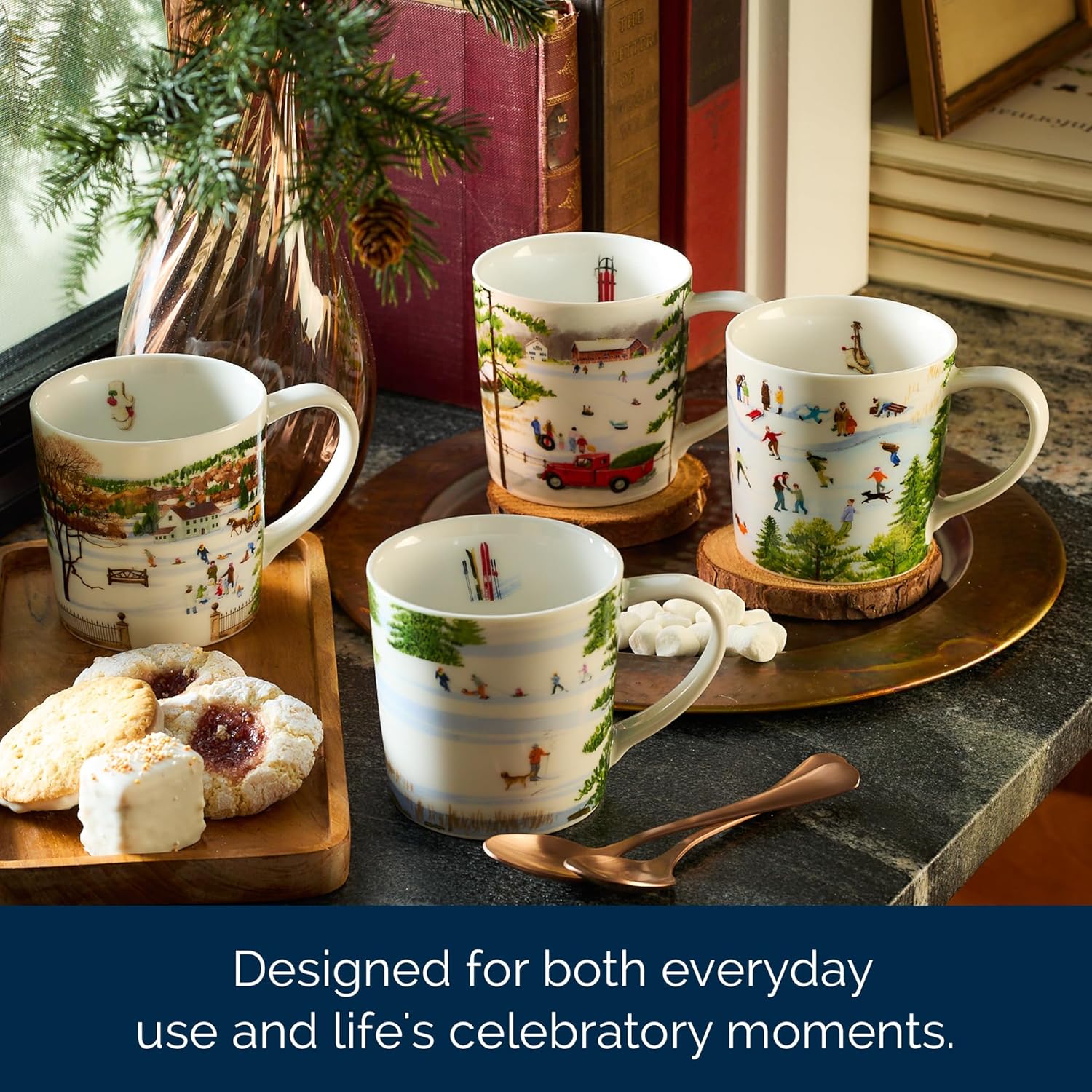 Caskata X Felix Doolittle Winter Wonderland Mugs, Set of 4 | High-Design Premium Lead-Free Porcelain Mug Set for Entertaining | Perfect for Wedding, Birthday, Christmas & Holiday Gifts | 14 oz