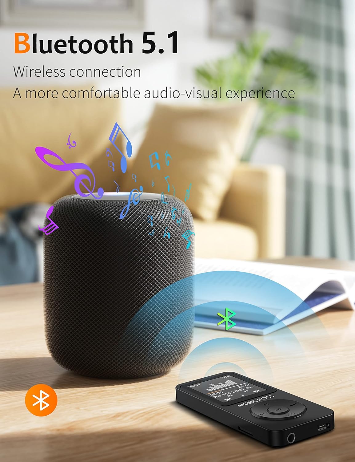 MUSICROSS MP3 Player wirelessly connected to a Bluetooth speaker