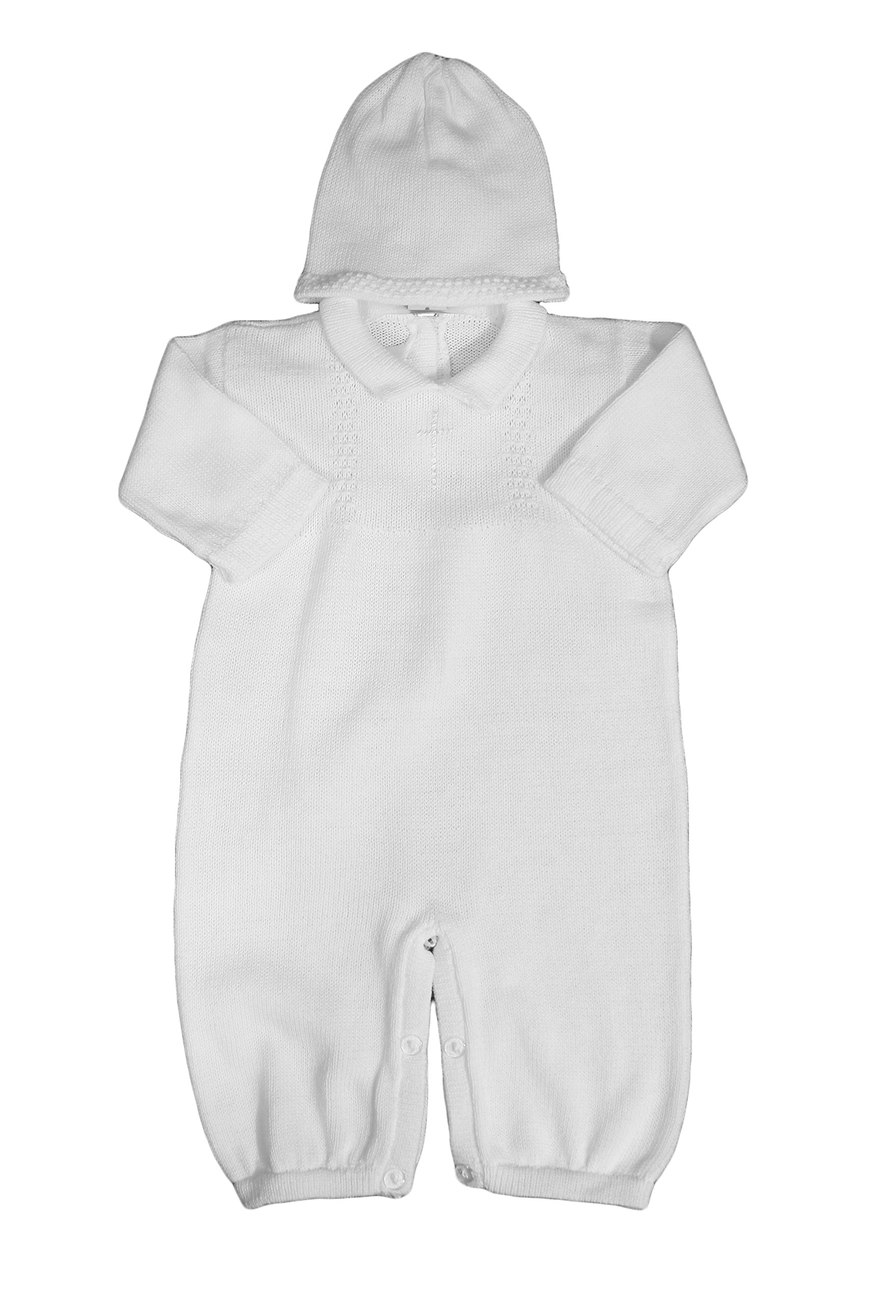 Boy's White Cotton Knit Christening Baptism Longall w/White, Blue, or Gold Cross and Hat