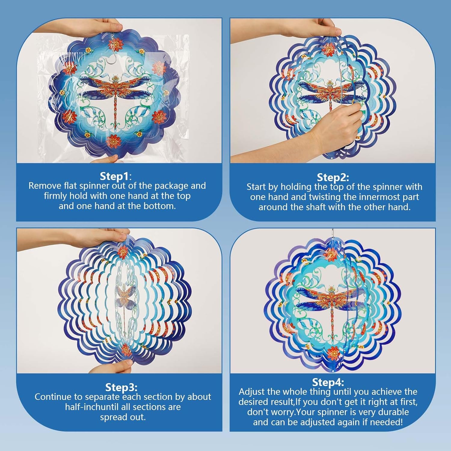 Dragonfly 3D Stainless Steel Wind Spinner - Outdoor Wind Catchers, Kinetic Hanging Ornament, 12Inch Wind Spinners for Gardens and Courtyards