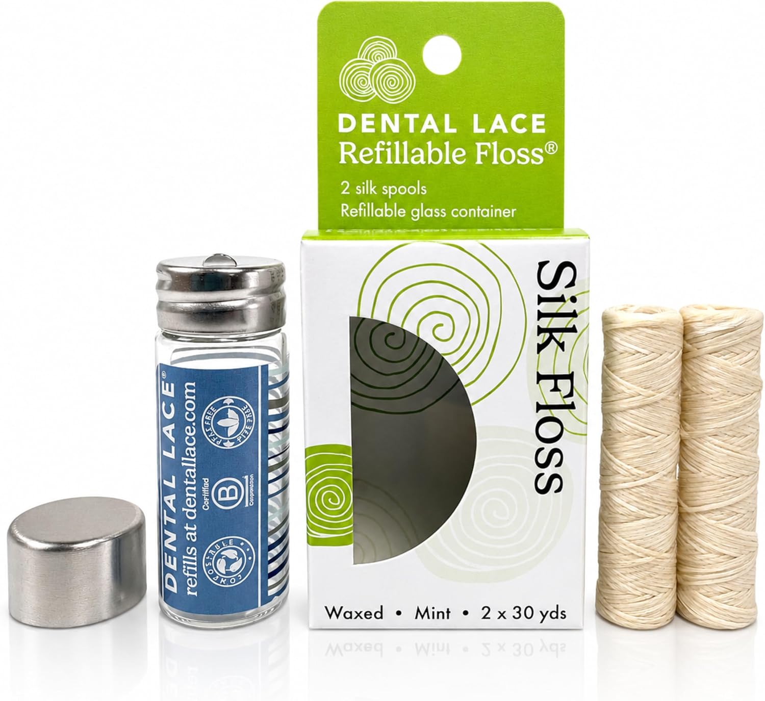Dental Lace Refillable Silk Dental Floss, Mint, Waxed, PFAS Free, 60 yds