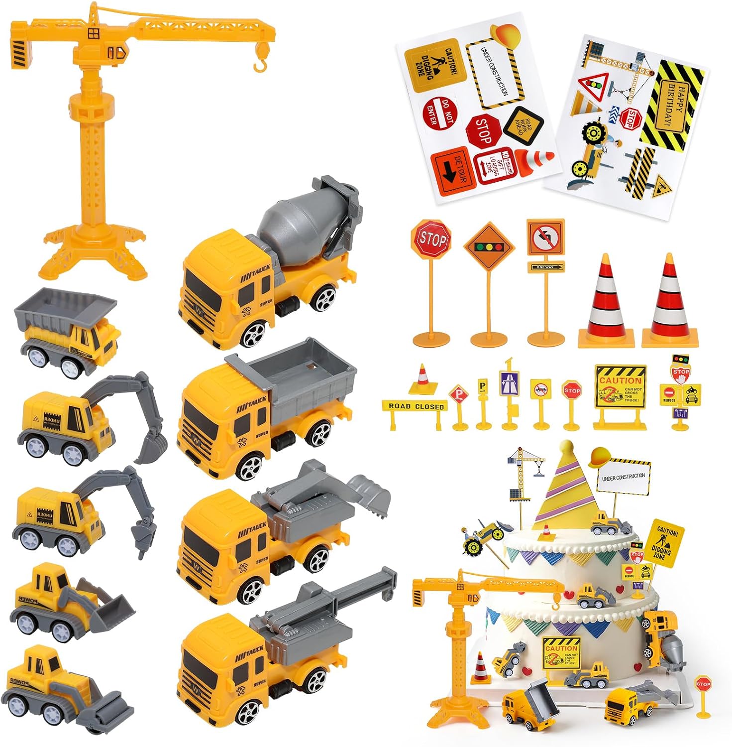 Pack of 26 Cake Decorations Construction Site 9 Construction Vehicles Children & Mini Digger Cake Decoration with 14 Traffic Signs Children Construction Vehicles for Birthday Boys Girls 3 4 5 Years
