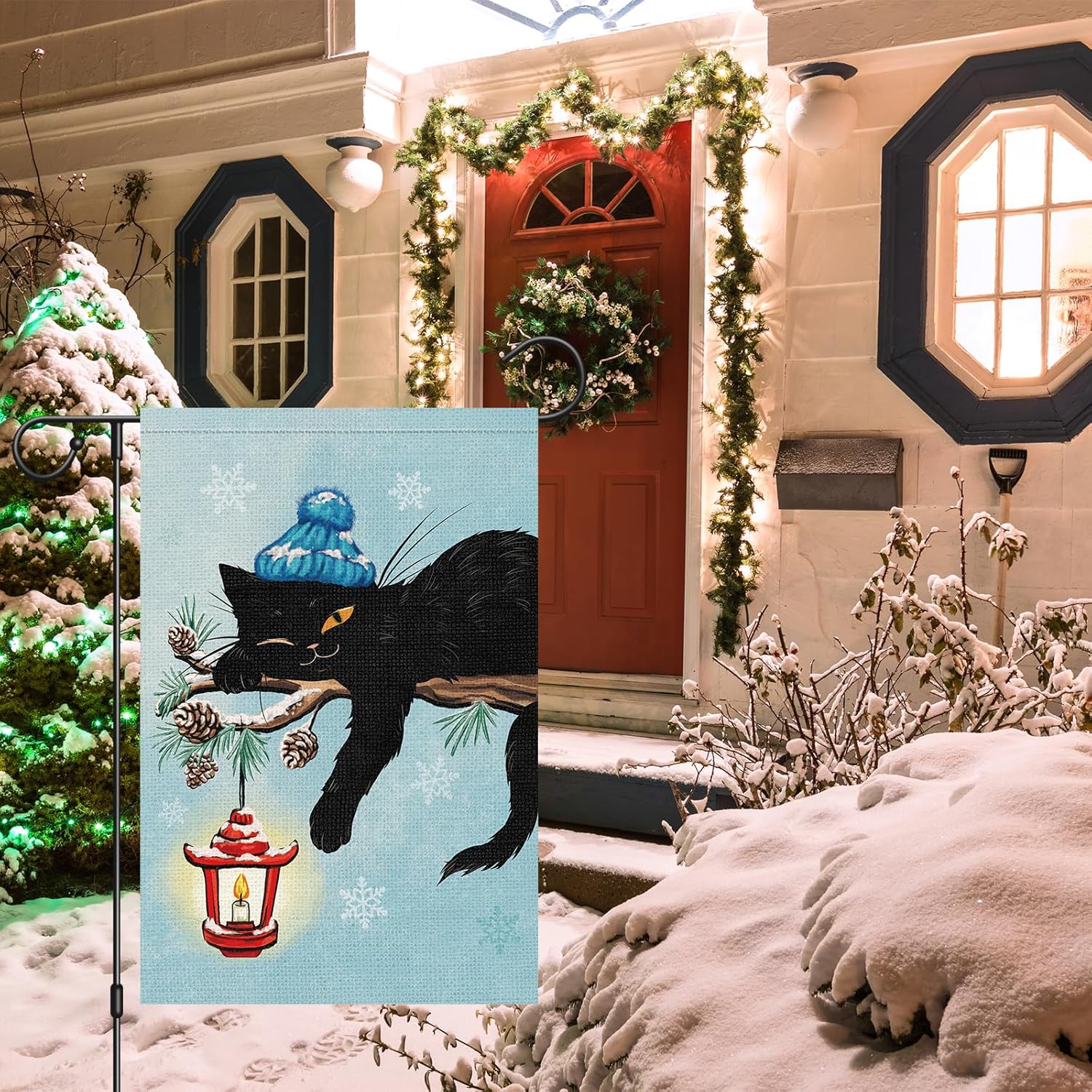 Louise Maelys Welcome Winter Garden Flag 12x18 Double Sided, Burlap Small Snow Yard House with Black Cat for Outside Outdoor Decoration - Image 2