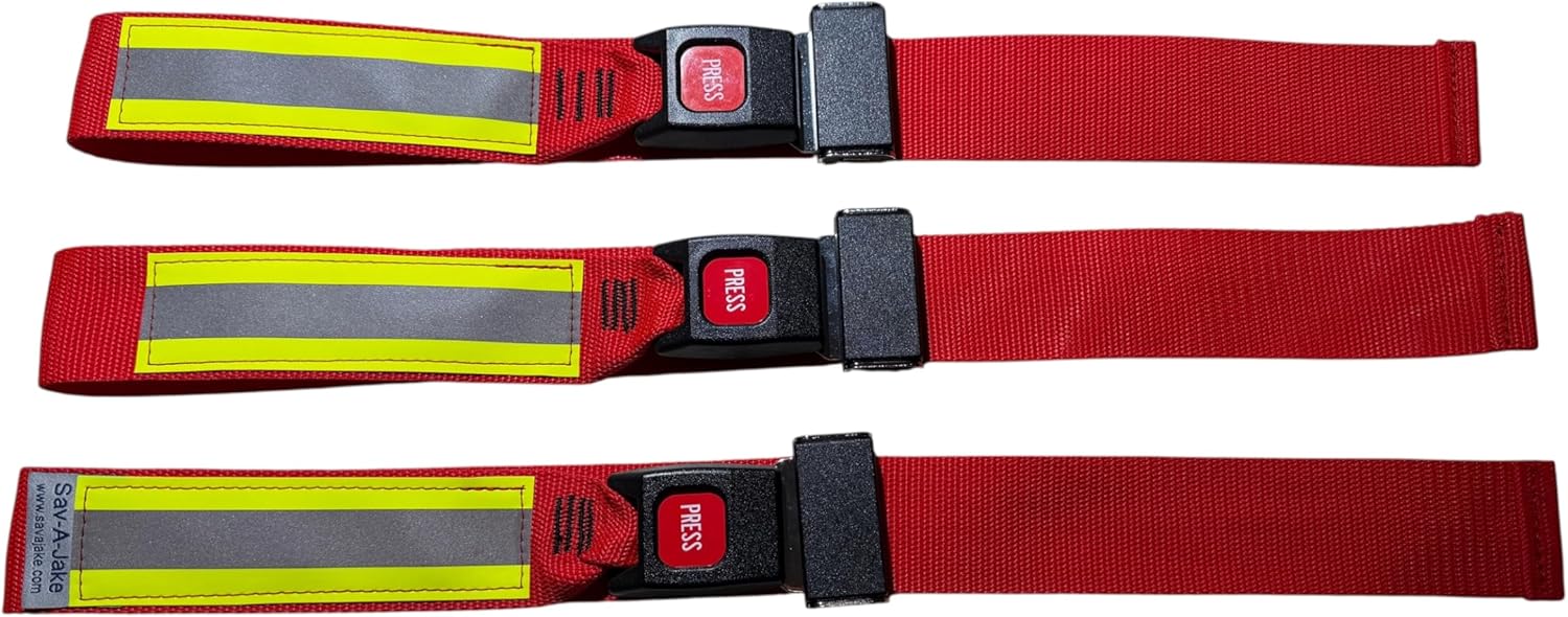 Firefighter Hose Bundle Straps Red Webbing, Seat Belt Buckle Closure, Reflective Trim (27" Length)
