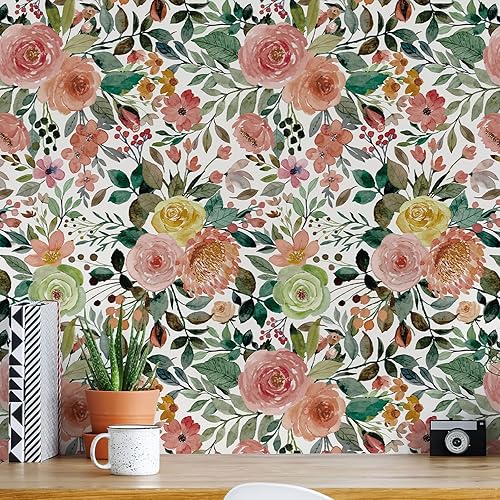 Simon&Siff Floral Peel and Stick Wallpaper, 17.3" x 400" Floral Wallpaper Self Adhesive Boho Flower Wall Paper Kitchen Cabinets Furniture Decorative Renter Friendly