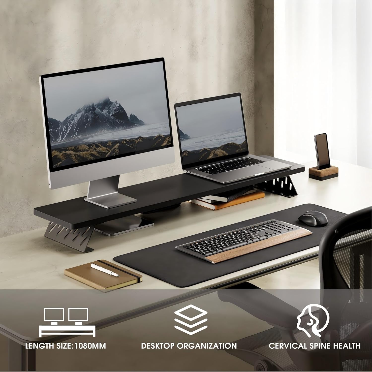 Fenge Dual Monitor Stand Riser, 42.5 Inch Desk Top Shelf for 2 Monitors, Computer Stands for Desk, Wood & Steel Desktop Riser for Laptop, PC, Printer