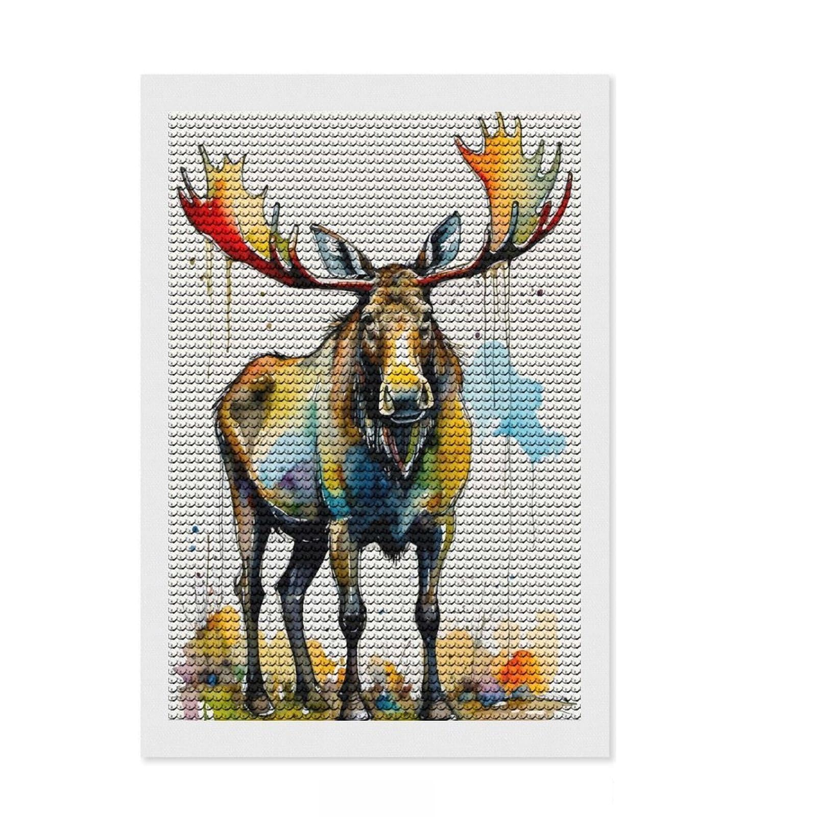 Junmoney Watercolor Moose Round Drill Diamond Painting 8"x12", Stress Relief Craft, Aesthetic Room Decor, for Adults, Festive Craft Gift