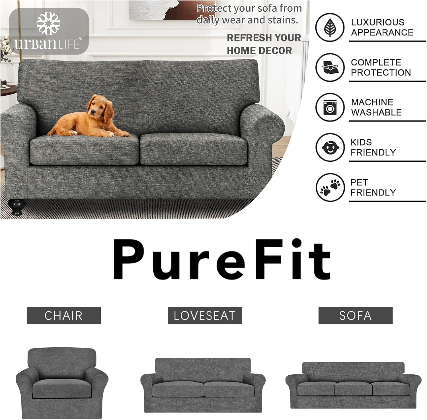 URBANLIFE 3-Piece Stretch Sofa Covers for 2 Cushion Couch, Gray