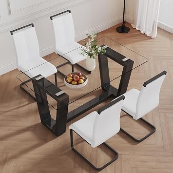 Ebullient Glass Dining Table Set for 4, Modern Dining Table Set for 4, Tempered Glass Tabletop with Black MDF Trapezoid Legs, Rectangle Kitchen Table with 4 Faux Leather Chairs for Home, Apartment