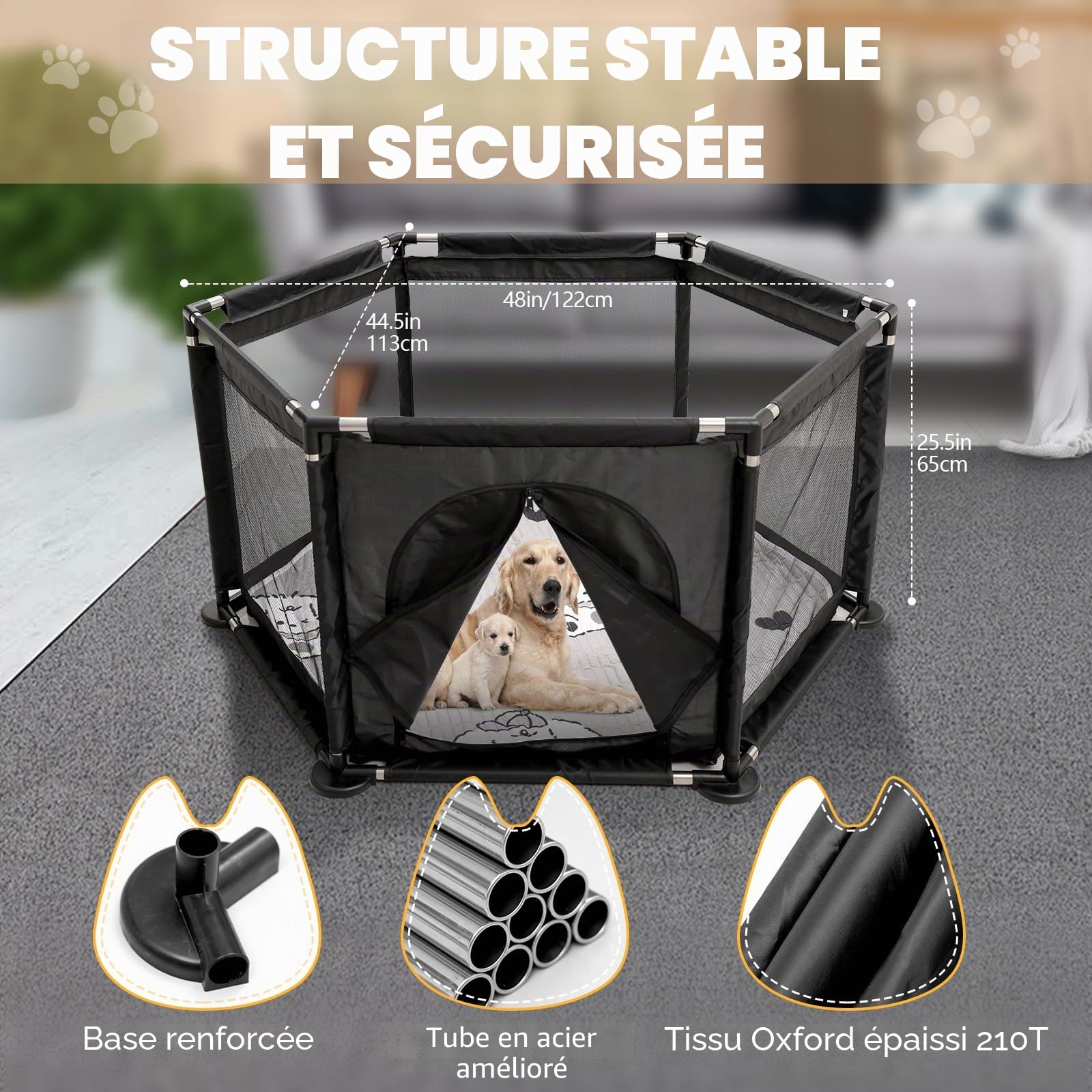 Caisse hexagonale pour chiots extra hauts, parc + coussin pour chiots de grande et petite race, accessoires indispensables pour chiens, chiots, 122 x 65 cm, noir