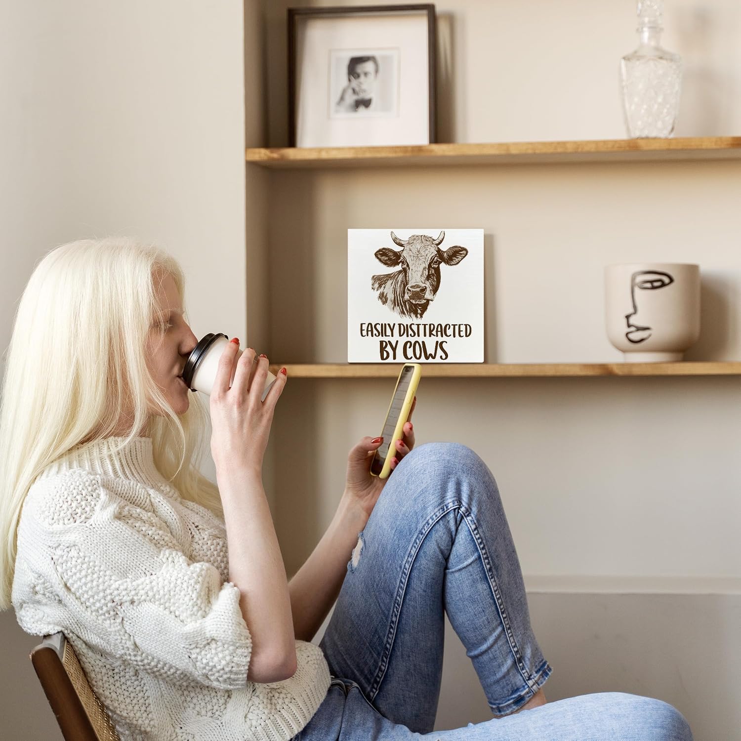 Funny Cow Wooden Signs - Farmhouse Cow Desk Decor, Cows Lovers Gifts Decorations, Easily Distracted by Cows Wooden Box Sign for Home Shelf Desk Table 5x5 Inch image 3