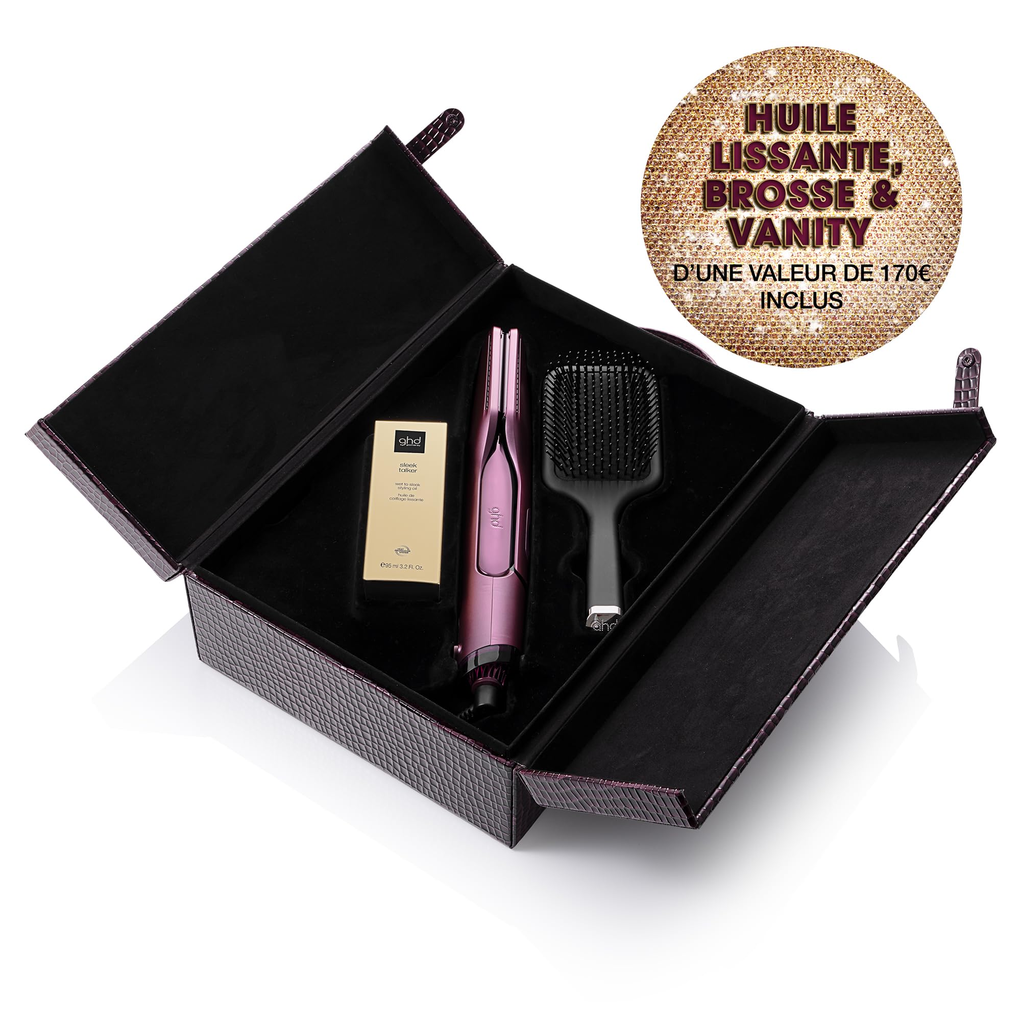 ghd - Coffret Lisseur séchant 2-en-1 ghd Duet Style (Bordeaux) - Huile lissante, Brosse et vanity inclus - Sèche et lisse en simultané sans dommage ni frisottis - S'utilise sur cheveux mouillés/secs