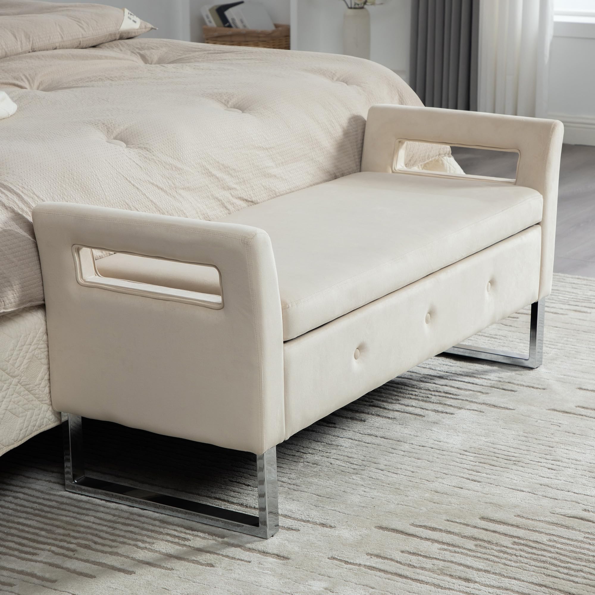 Banco con espacio de almacenamiento, taburete acolchado de terciopelo, con reposabrazos para salón, entrada y dormitorio (beige)