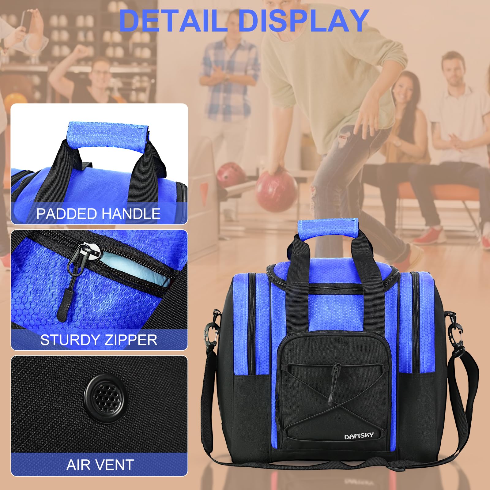 DAFISKY Sac fourre-tout pour boule de bowling avec support rembourré, 2 poches pour chaussures de bowling jusqu'à la taille 42 et accessoires (bleu)