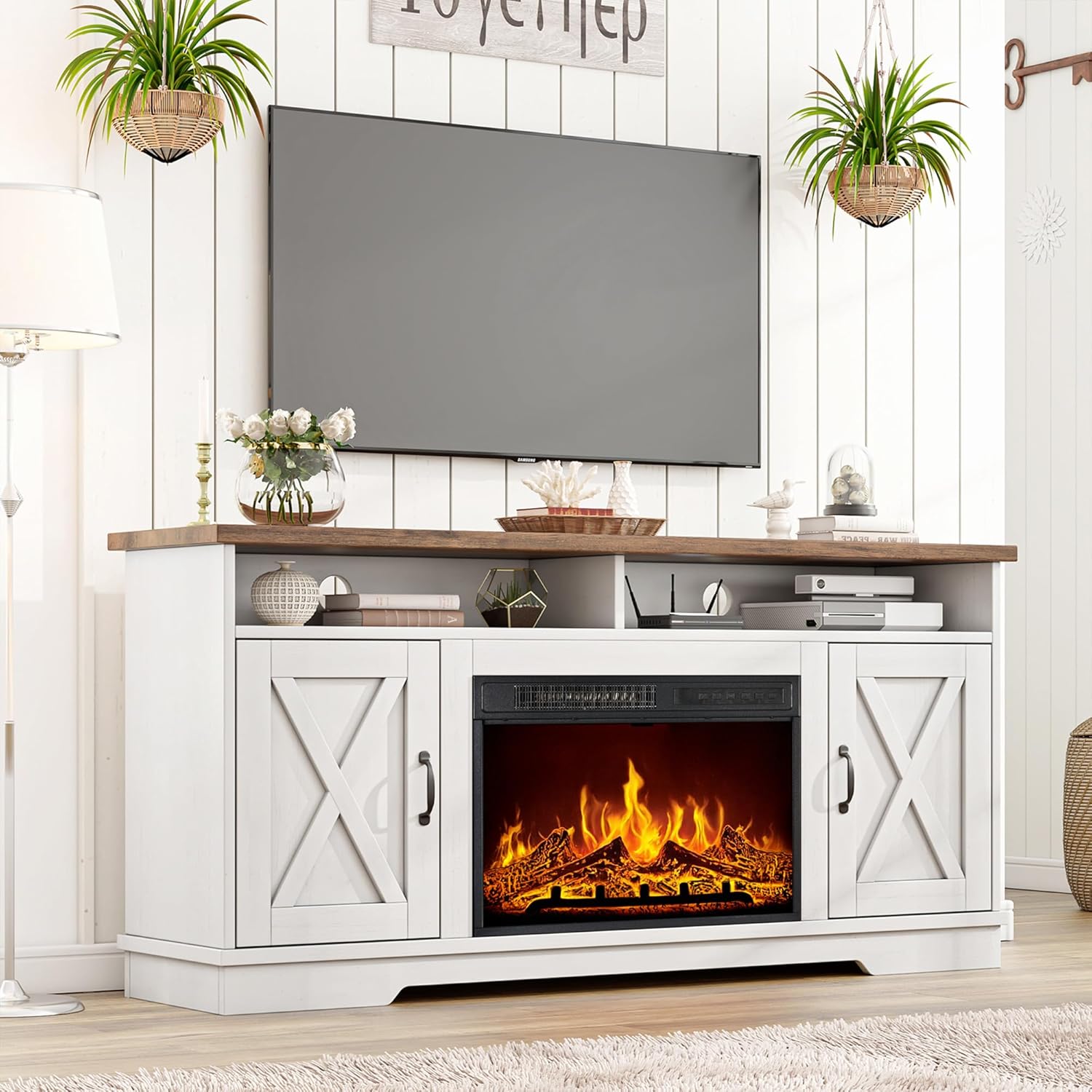 AMERLIFE 63" Farmhouse TV Stand with 26" Fireplace, for TVs up to 73", Media Entertainment Center with Adjustable Shelf & Barn Doors, Rustic TV Console Cabinet for Living Room, Rustic Oak & White