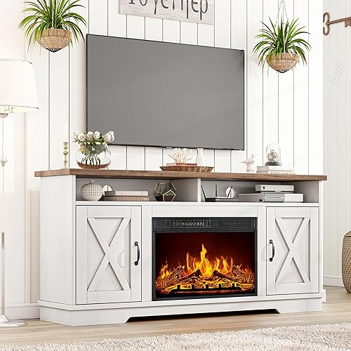 AMERLIFE 63" Farmhouse TV Stand with 26" Fireplace, for TVs up to 73", Media Entertainment Center with Adjustable Shelf & Barn Doors, Rustic TV Console Cabinet for Living Room, Rustic Oak & White