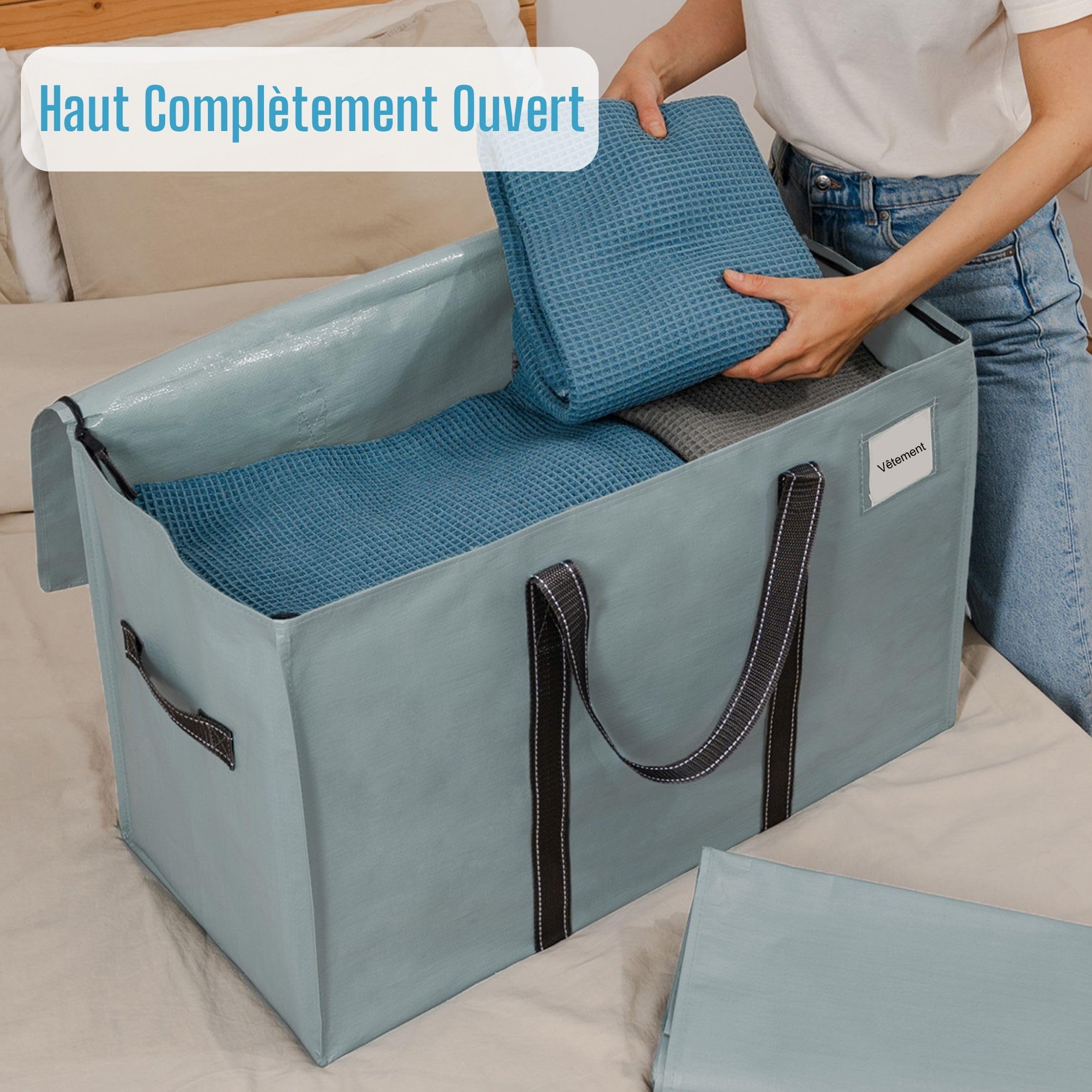 VENO 102L Lot de 10 Sac Déménagement grand avec Couvercle et Poignées Renforcées, Sac de Rangement Vêtement Résistant, Alternative aux Cartons Déménagement, Sacs de Voyage (Bleu Clair, Lot de 10)
