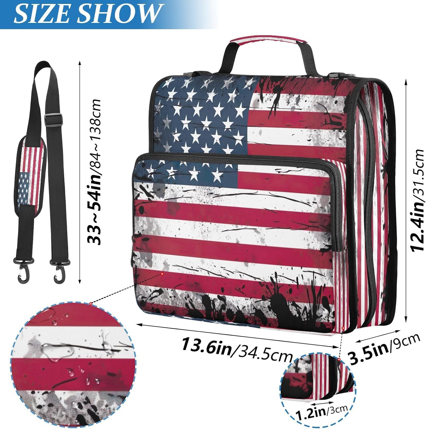 American Flag Waterproof Zipper Binder with Shoulder Strap, 3-Ring Trapper Keeper with Lay-Flat Design and Multiple Compartments for School & Office, Adults & Kids