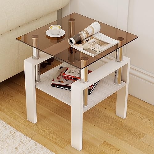 Miniatura 14 de Juego de 3 mesas auxiliares de cristal para sala de estar, mesa auxiliar de sofá con almacenamiento, patas de metal negro, mesa central rectangular