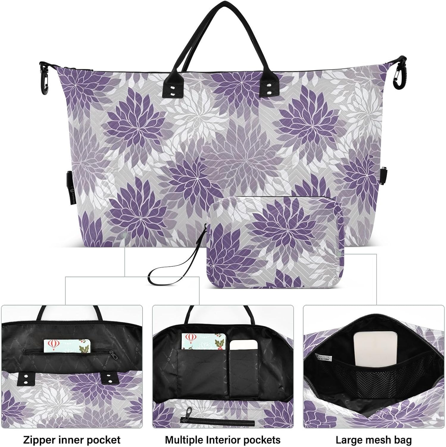 Florals Lilac Purple Chinese Travel Duffle Bag Duffel Bags Large Weekender Bag Carry On Duffel Bag Gym Bag with Toiletry Bag Garment Duffle Bags for Yoga Women Airplanes Men Adults Trip Sports