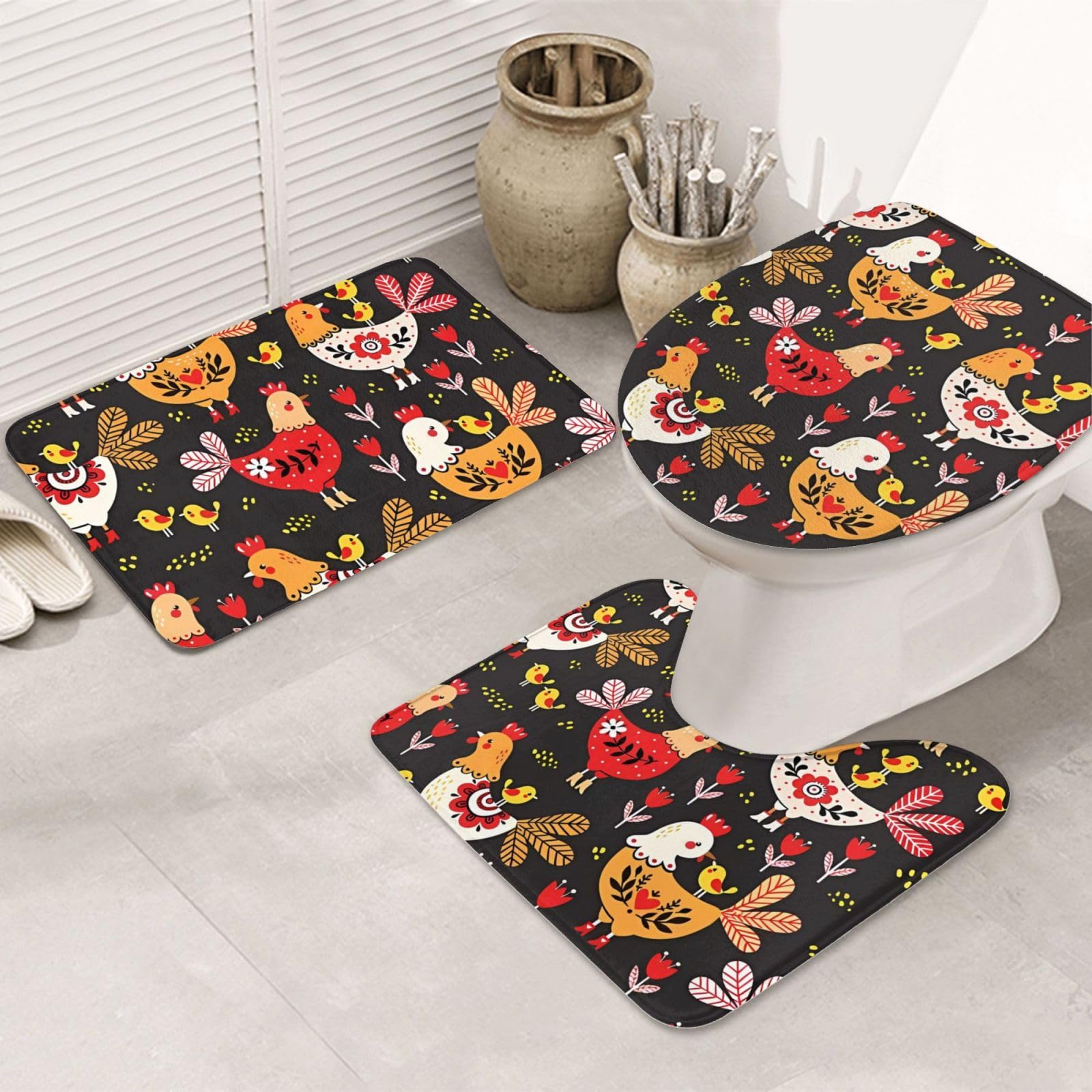 Tapis de salle de bain 3 pièces antidérapant avec tapis WC forme U coq
