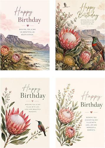 Happy Birthday Cards Pack of 4, including 4 Envelopes | Watercolour Floral Art, Table Mountain Design, Sunbird Illustration, 4 Unique Designs, Includes 4 Envelopes