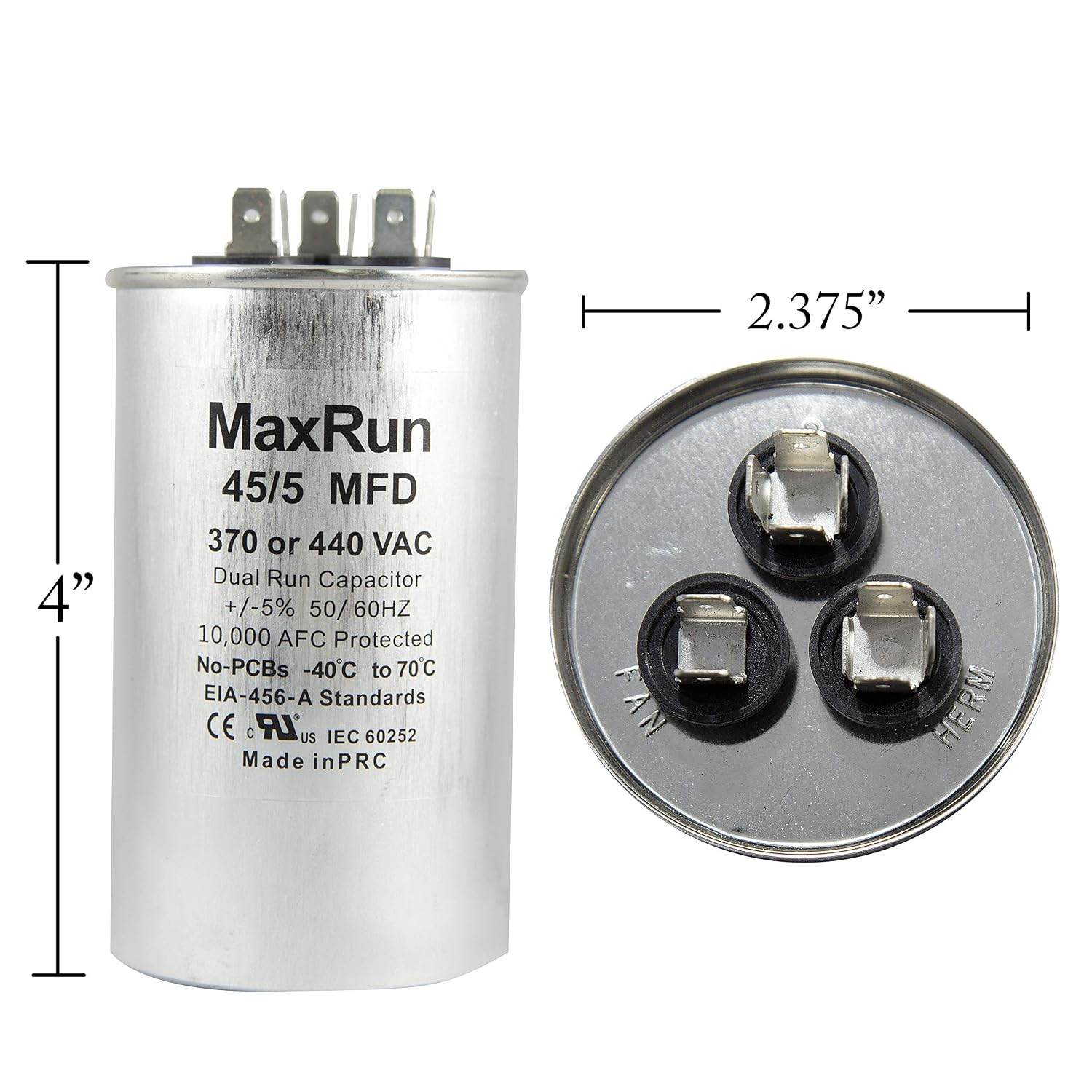 MAXRUN 45+5 MFD uf 370 or 440 Volt VAC 45/5 Microfarad Dual Run Capacitor for Air Conditioner or Heat Pump - Runs AC Motor and Fan - 5 Year Warranty