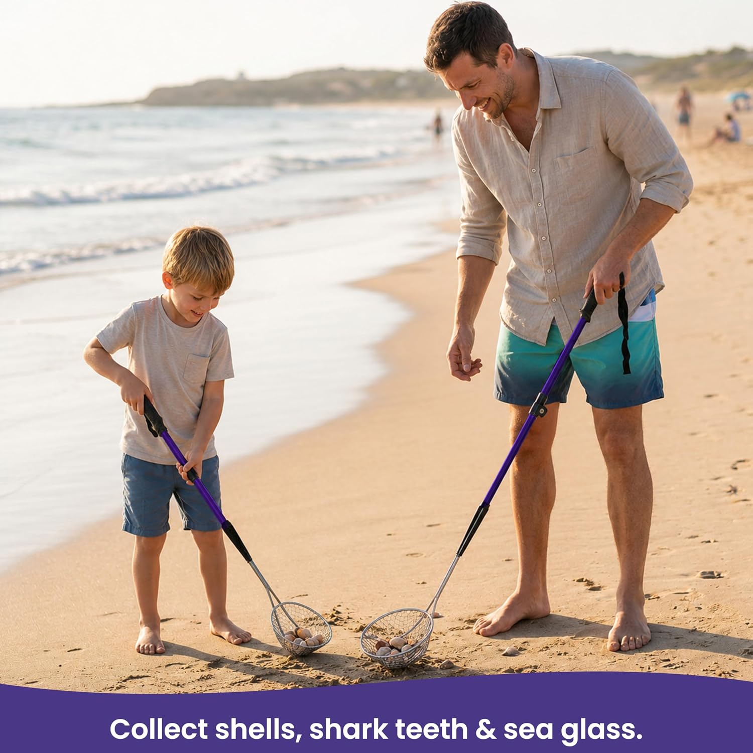 VOS Sand Sifter 2-Pack + Mesh Collection Bag | Adjustable Handle 21"–33" | Beach Scoop for Seashells, Shark Teeth & Sea Glass | Stainless Steel, Rust-Resistant | Beachcombing Kit – Blue image 5