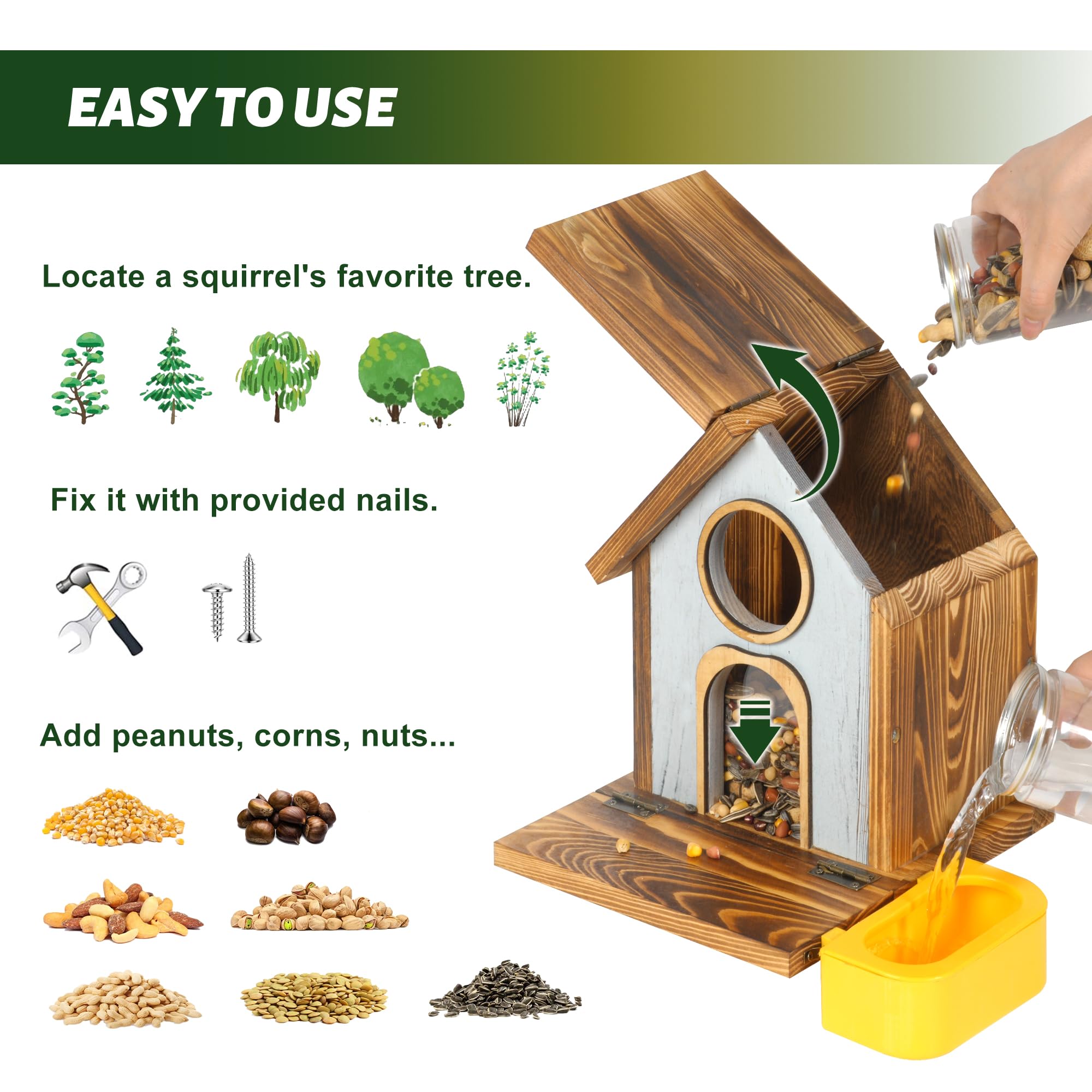 MIXXIDEA Mangiatoia per scoiattoli in legno con ciotola d'acqua, grande capacità, per esterni, costruzione robusta, nessun montaggio, bella mangiatoia per scoiattoli per mais, arachidi, noci, castagne