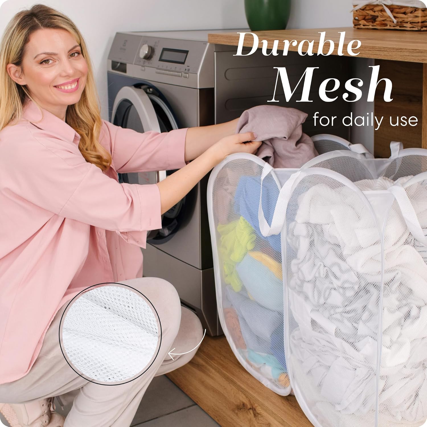 Handy Laundry Mesh Popup Hamper - Two Compartments, Collapsible for Storage and Easy to Open. Folding Pop-Up Clothes are Great for The Kids Room, College Dorm or Travel. (White) (Pack of 2)