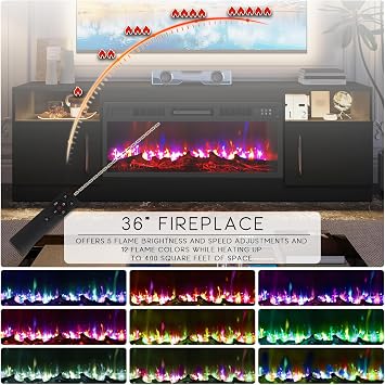 BOSSIN Fireplace TV Stand with 36 inch Fireplace Up to 80 TVs,LED Light Entertainment Center with Highlight Storage Cabinet for Living Room