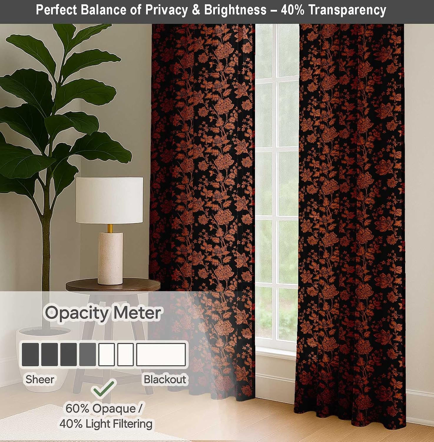 Cotton Curtains for Windows - 3-in-1 Rod Pocket/Back Tab Short Window Drapes - Light Filtering Cotton Canvas Panels - Set of 2, 52"x63" - Floral Print (Black)