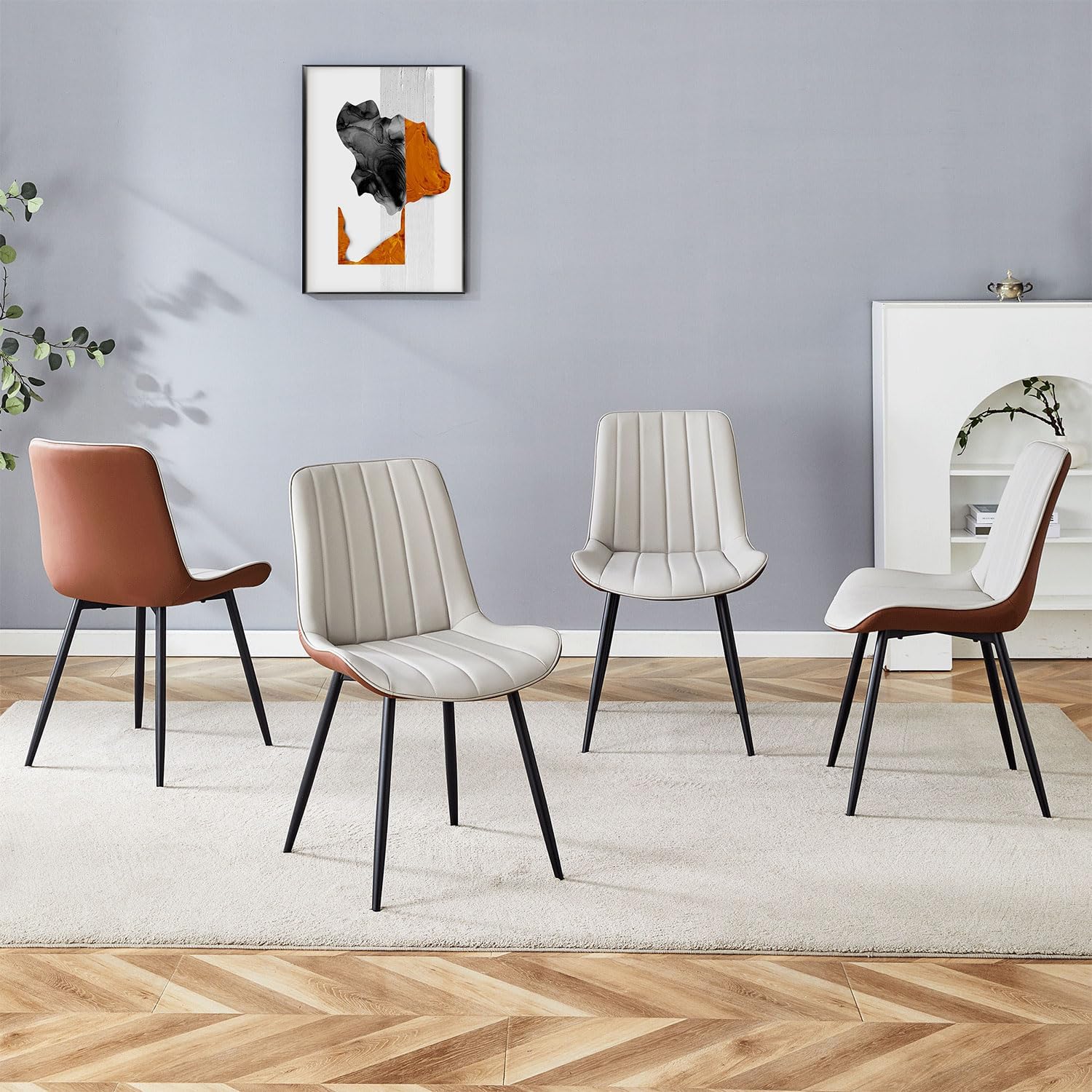 Faux Leather Upholstered Dining Chairs Set of 4, Mid Century Modern Kitchen & Dining Room Chairs with High Back, Chair Armless with Metal Legs for Dining Table?Gray and Brown?