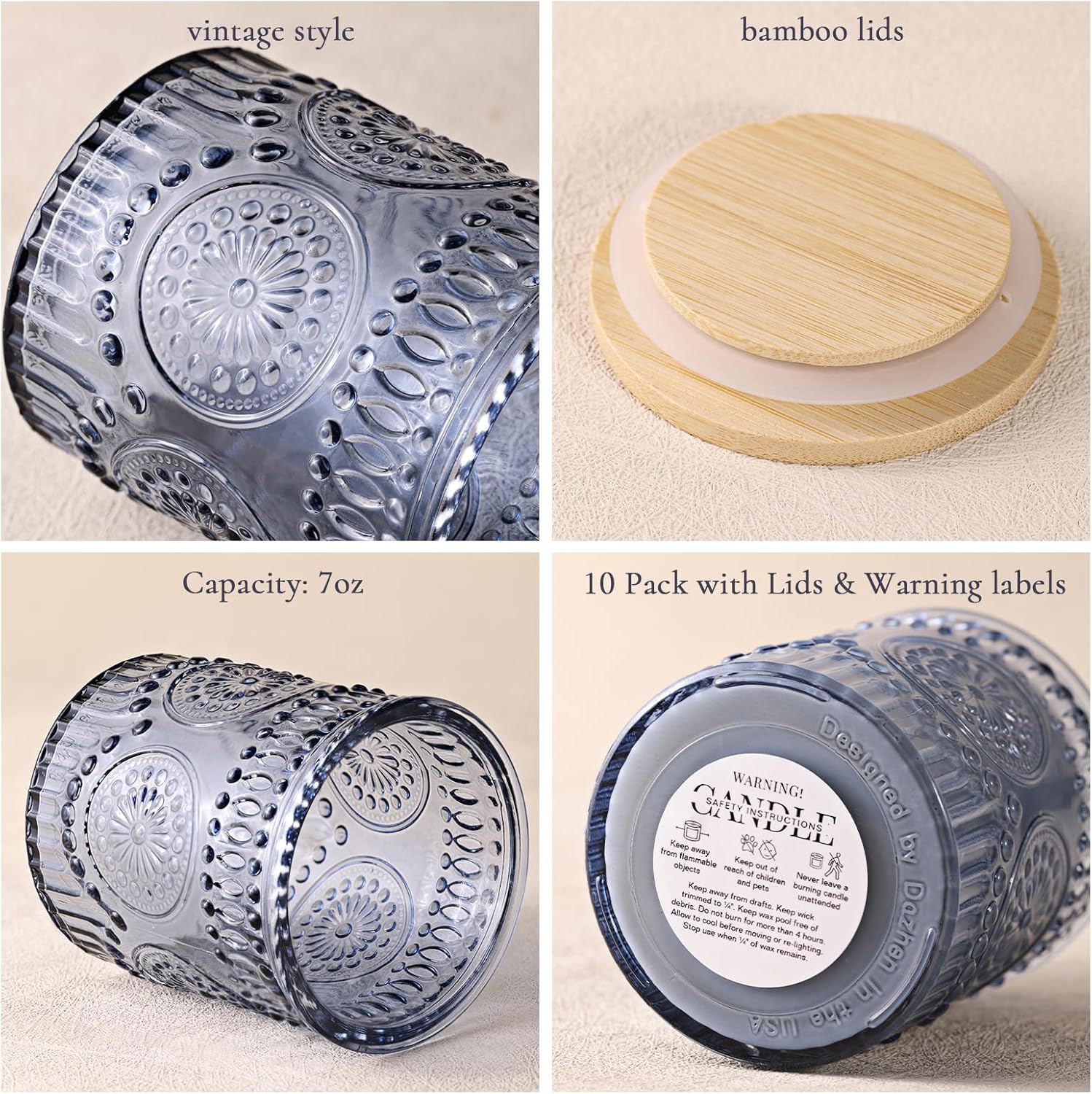 8oz Blue Glass Candle Jars with Lids for Making Candles Set of 10, Empty Candle Containers, Candle Making Supplies for Candle DIY, Candle Vessels Candle Making Kit, Blue Decor